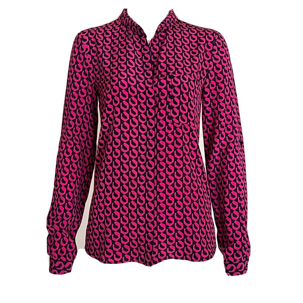 Diane von Furstenberg Silk Button Blouse Pink Navy Top Lorelei Chain DVF Size 8 - Picture 1 of 16